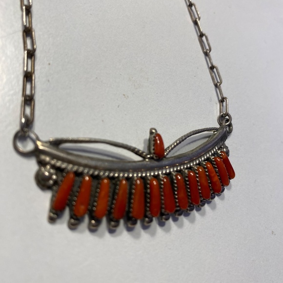 Coral Needlepoint Zuni Silver Necklace - Picture 2 of 6